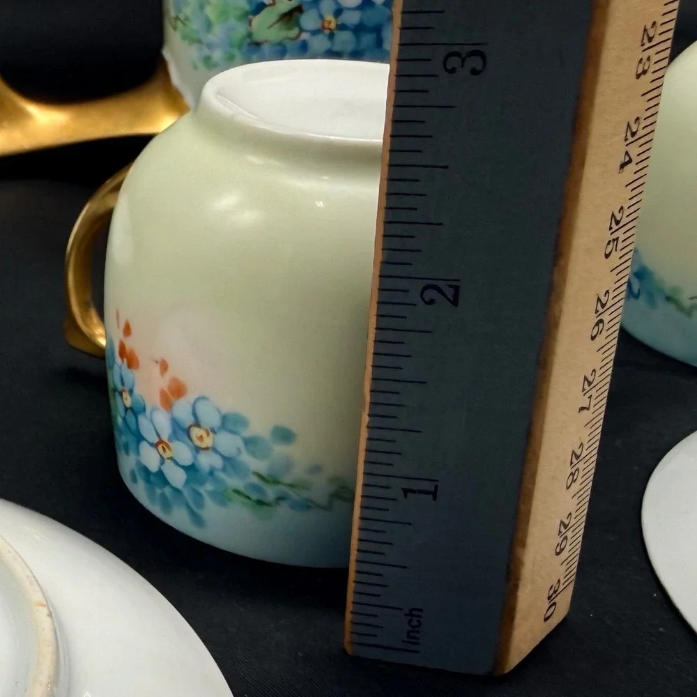 Vintage Porcelain Chocolate Pot Set Blue Floral Gold Gilt 4 Cups and Saucers